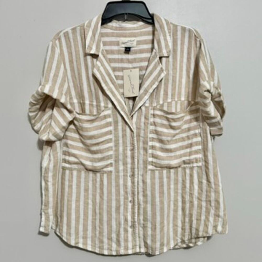 Striped Beige Button-Up Women's Top